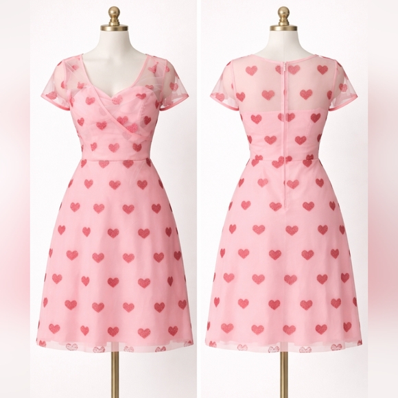 Unique Vintage Dresses & Skirts - Unique Vintage Pink Heart Tea Dress with Sheer Overlay